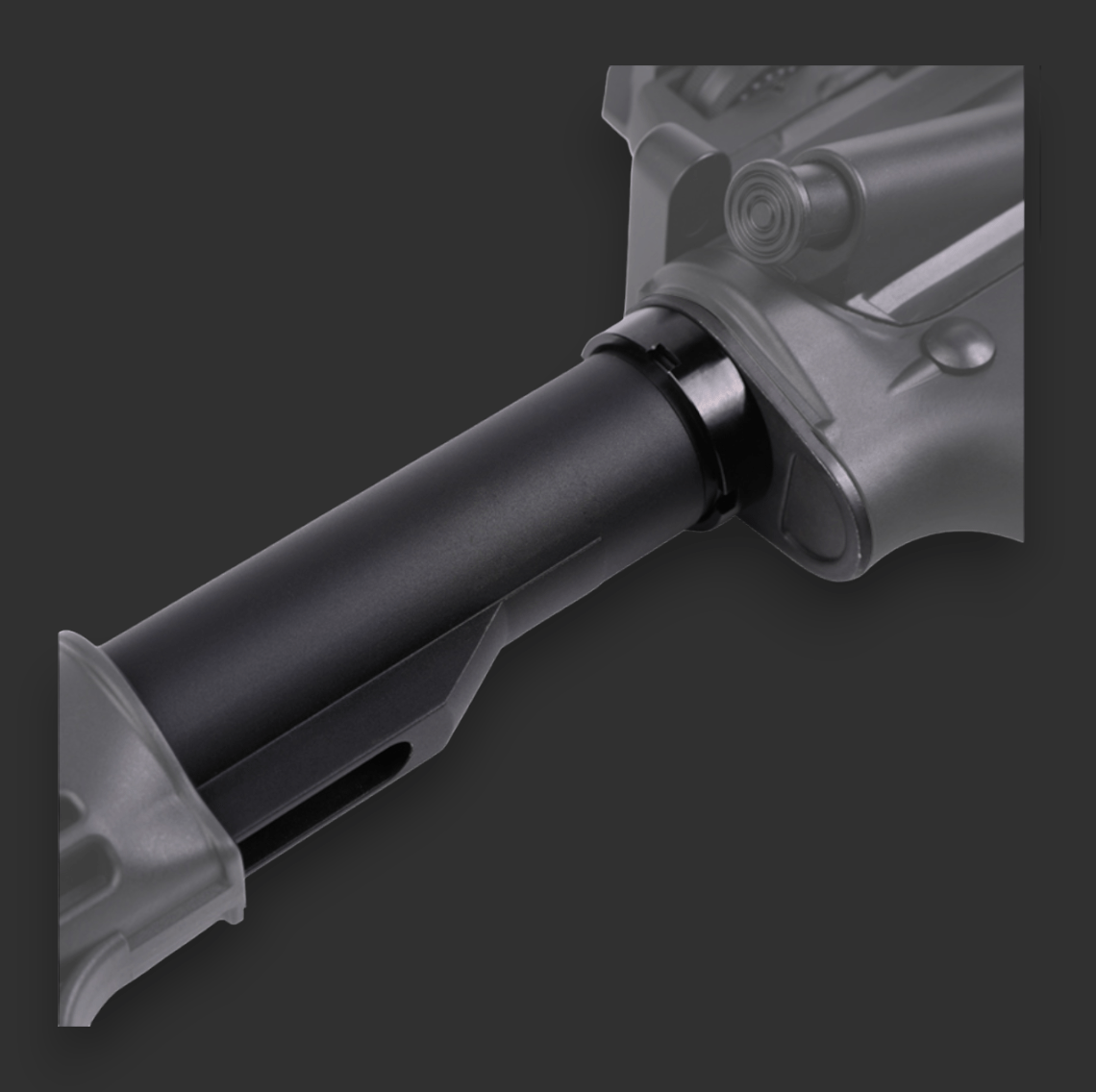 Close-up image of a Kublai M4-Style Gel Blaster’s barrel and adjacent components on a dark background.