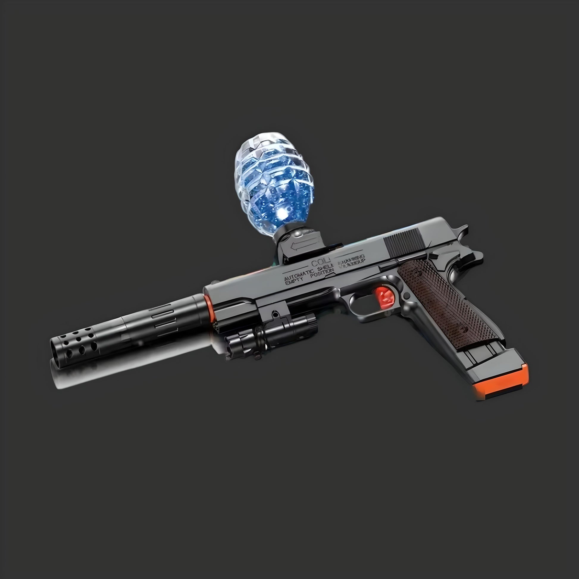 A toy gun with a sci-fi design, modeled after the M1911 Colt Blaster, featuring a transparent blue sphere on top, a black barrel, dark brown grip, and an orange tip.