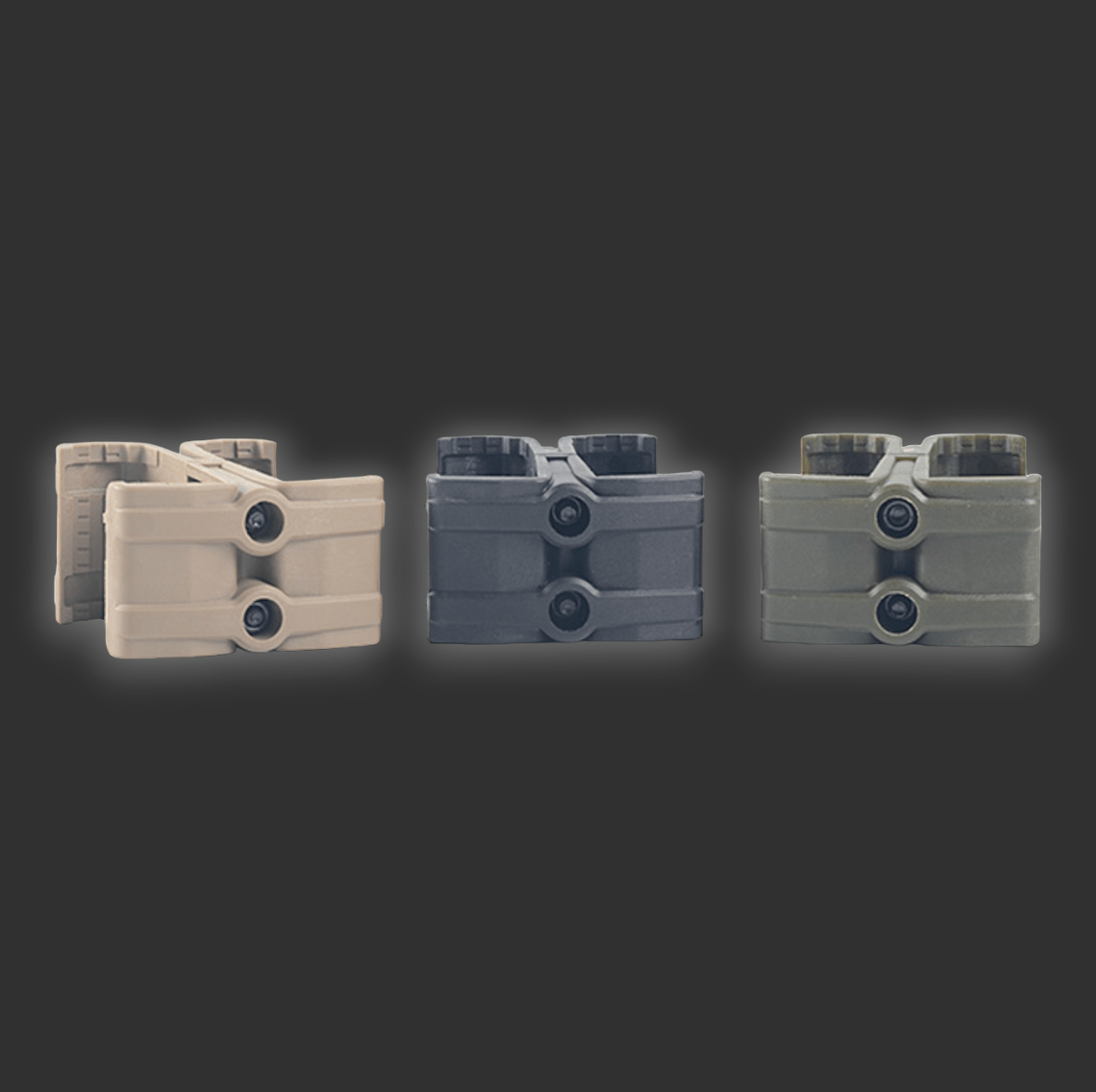 Three side-by-side images of identical BlasterMasters Dual Magazine Clips in different colors: beige, dark gray, and olive green, displayed against a dark background.