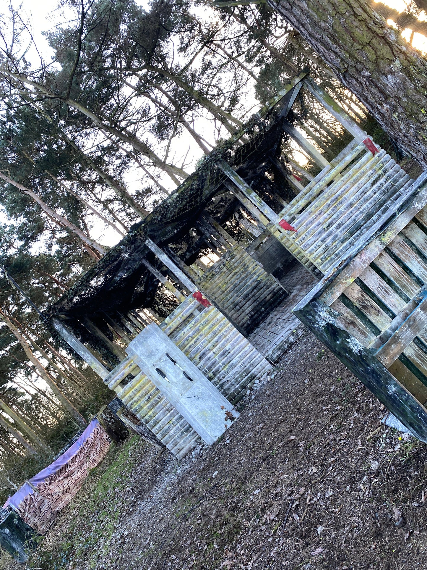 An abandoned wooden structure in a forested area with trees and scattered sunlight, ideal for a BlasterMasters Painball Mission Temple Flag Raid. The weathered planks feature some colorful markings, and a purple tarp is visible to the left, enhancing the tactical adventure for kids.