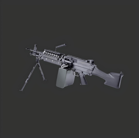 A black M249 Pro Version Gel Blaster from BlasterMasters, equipped with a bipod and an ammunition box attachment, is displayed against a dark background, highlighting its heavy-duty construction. This model delivers high-impact performance for serious enthusiasts.