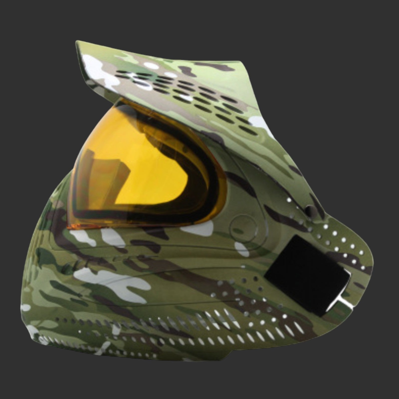 Camouflage MZG Mask by BlasterMasters with a yellow-tinted visor and ventilation holes, perfect for strategic gameplay on a dark background.