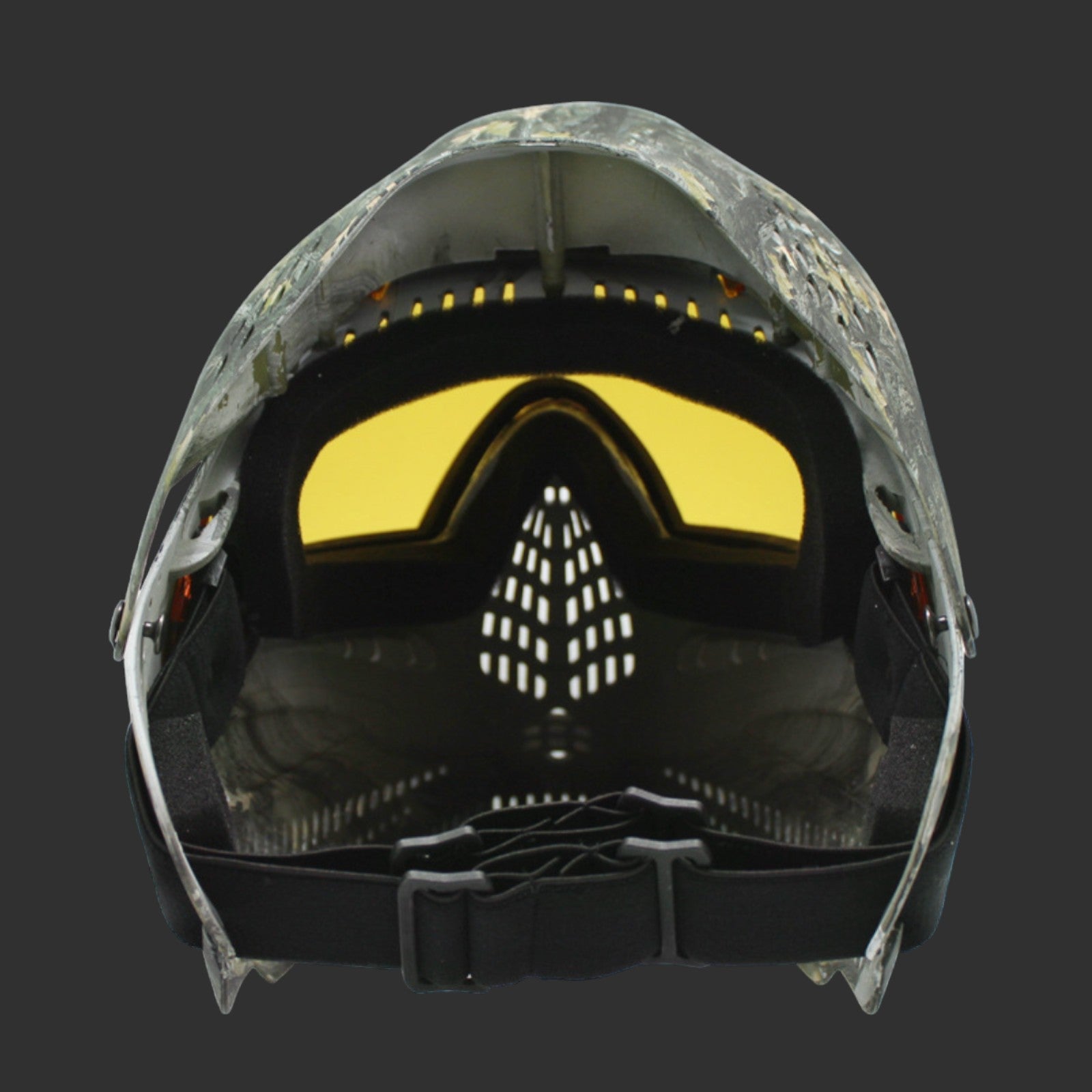 Front view of a green camouflage MZG Mask by BlasterMasters with yellow-tinted lenses, designed for strategic gameplay, against a dark background.