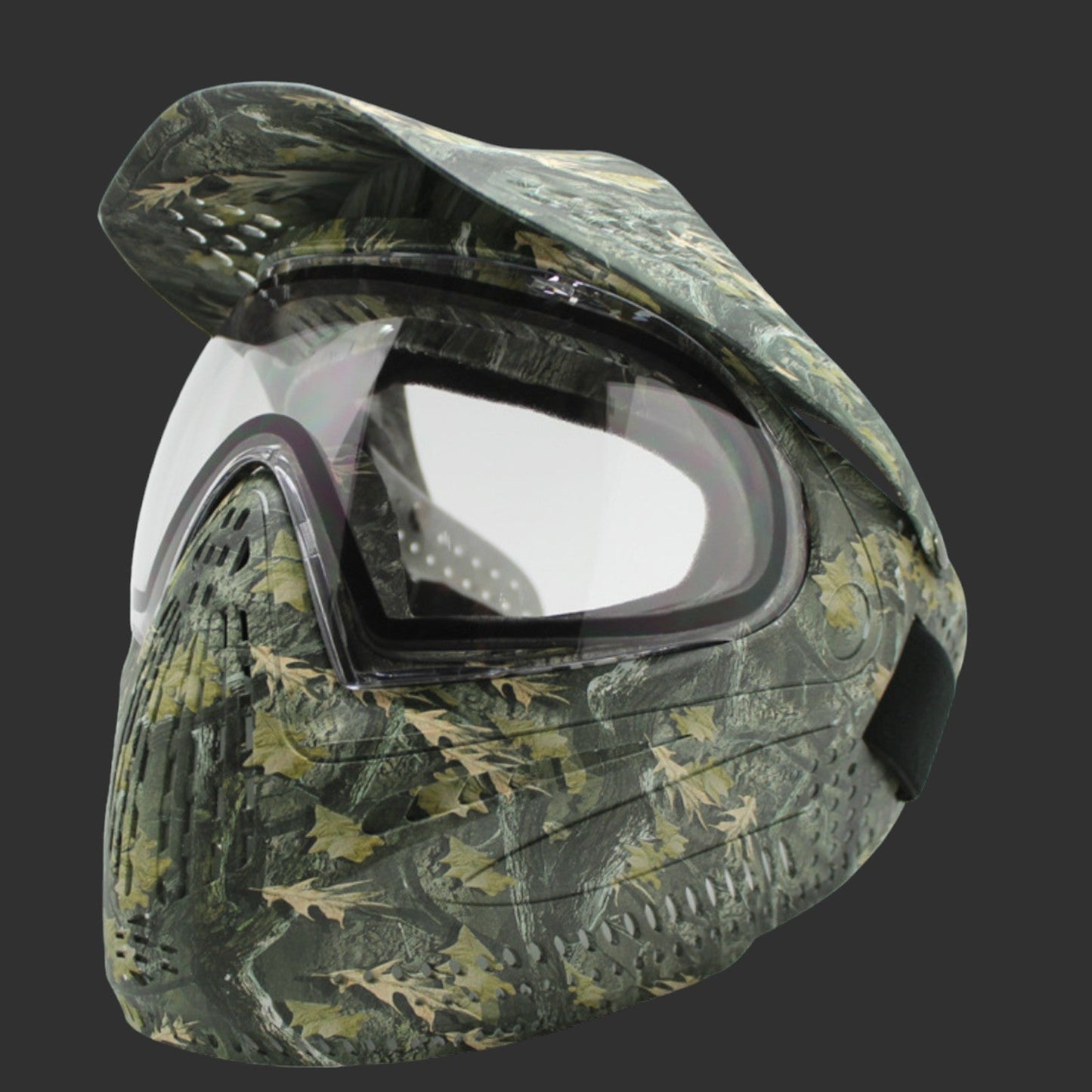 A camouflage-patterned MZG Mask by BlasterMasters with a visor and protective goggles, designed as a full-face mask to cover the entire face and head, perfect for strategic gameplay.