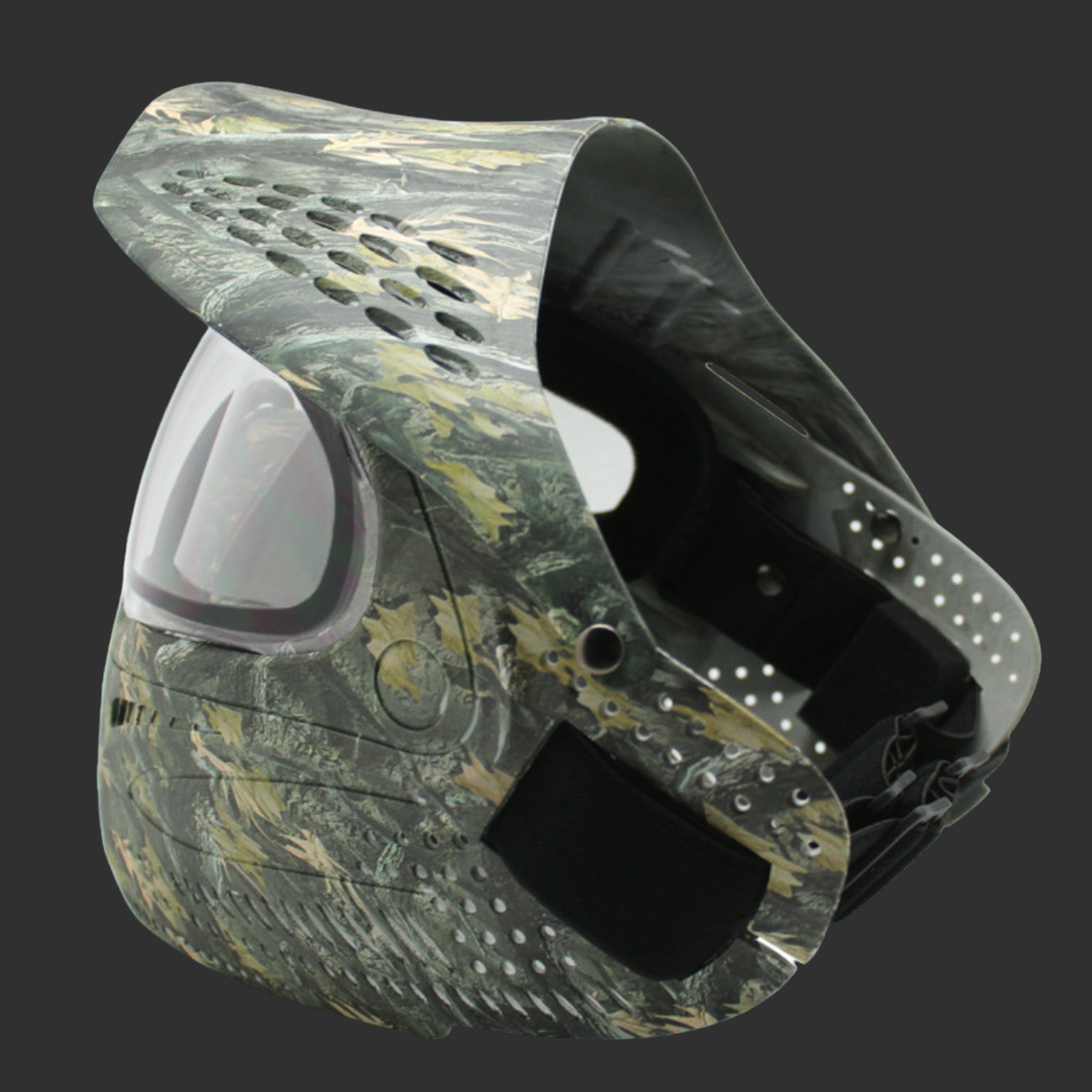 BlasterMasters MZG Mask for strategic gameplay, featuring a protective visor and ventilation holes, set against a dark background.