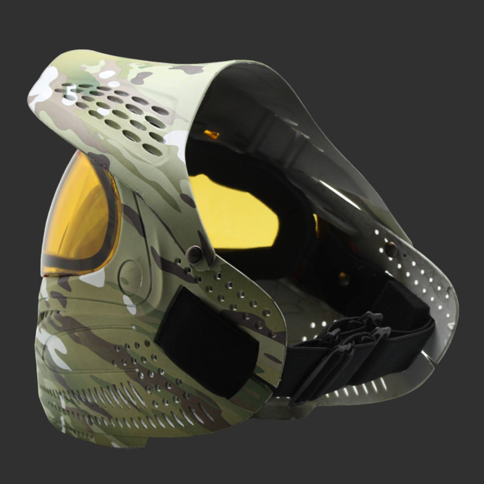 A BlasterMasters MZG Mask featuring a camouflage pattern, yellow-tinted lenses, and adjustable straps on a dark background, perfect for strategic gameplay.