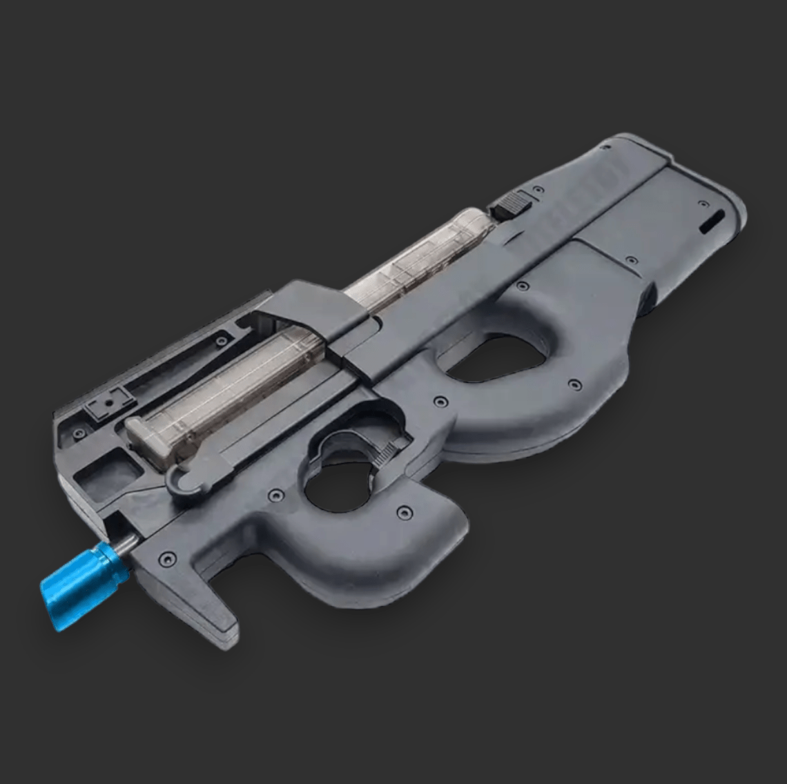 A black, futuristic-looking P90 Pro Gel blaster by Bing Feng with a blue attachment on the muzzle, shown against a gray background, reminiscent of equipment used in stealth operations.