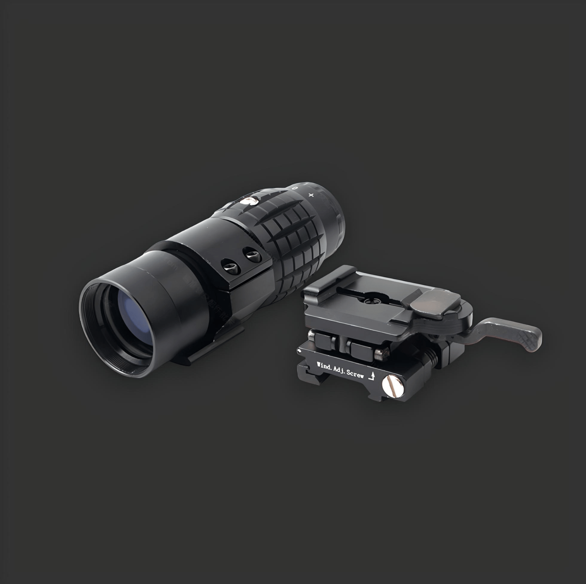 The BlasterMasters Pineapple Rollover Quick Release 3X Scope with a mounting bracket is displayed against a dark backdrop.