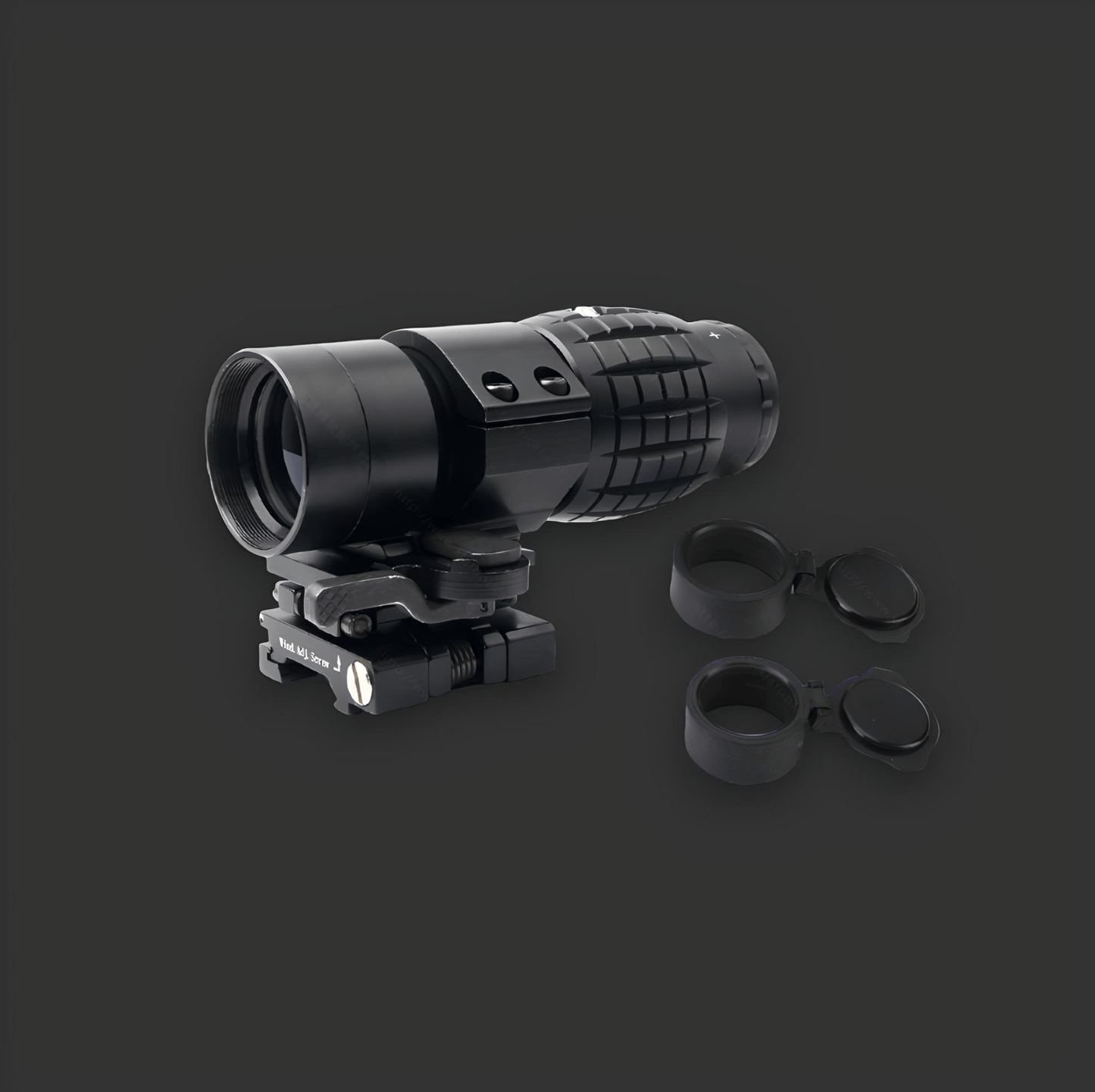 A BlasterMasters Pineapple Rollover Quick Release 3X Scope with lens covers and 3X magnification stands out against a dark background, featuring a quick release scope for easy adjustments.