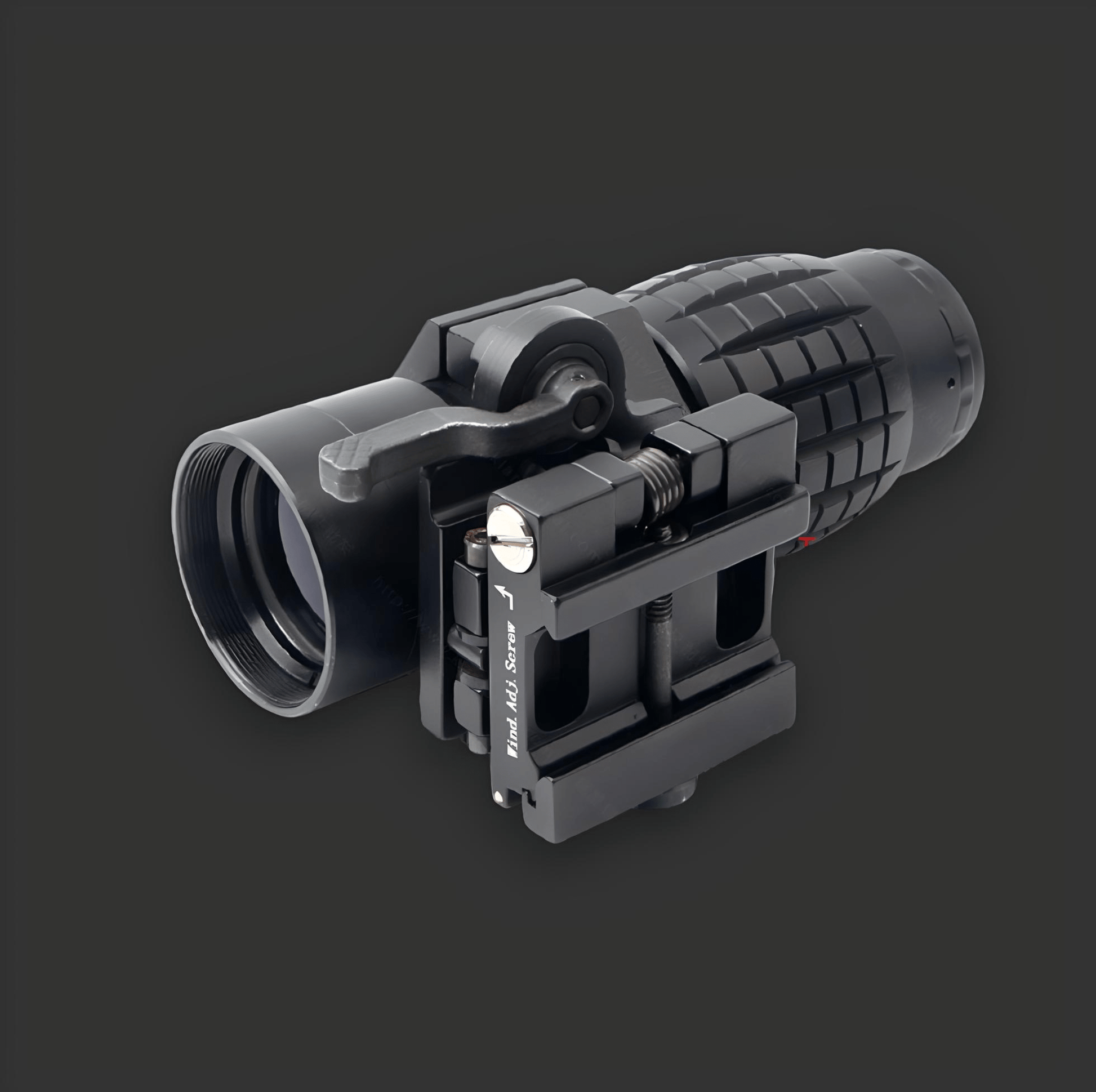 A BlasterMasters Pineapple Rollover Quick Release 3X Scope with a detailed, textured body and mounting bracket featuring a quick-release mechanism, set against a plain dark background.