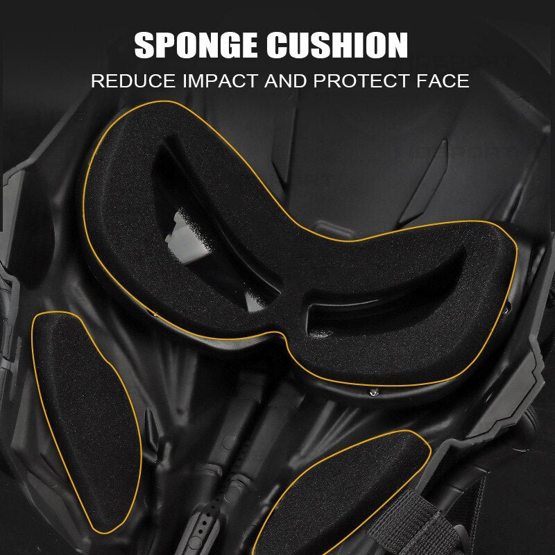 Close-up image of a BlasterMaster PREDATOR MASKS with advanced protection features, including sponge cushion pads. Designed to reduce impact and protect the face, this mask boasts durable construction. Text reads "SPONGE CUSHION REDUCE IMPACT AND PROTECT FACE.