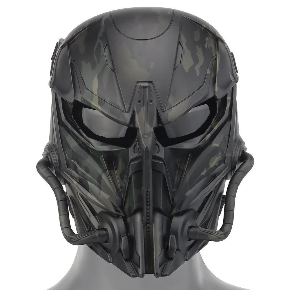 A close-up of a futuristic black helmet, the PREDATOR MASKS by BlasterMaster, showcases a camouflage pattern and integrated breathing apparatus, offering advanced protection and durable construction.