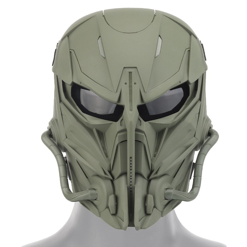 A close-up view of a futuristic, military-style helmet with angular design, dark visor, and tubing extending from the front and sides showcases the PREDATOR MASKS by BlasterMaster, offering advanced protection and durable construction.