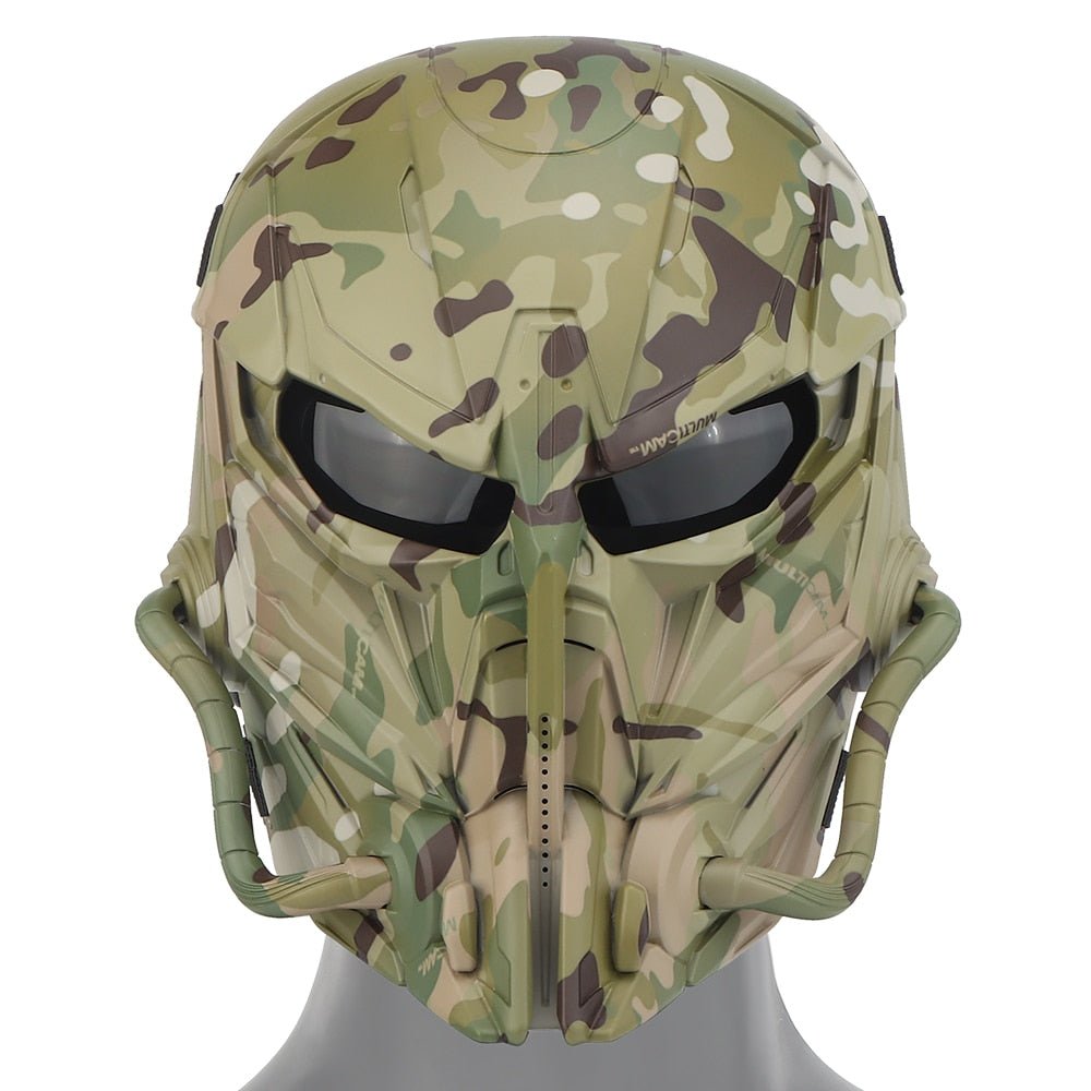 A BlasterMaster PREDATOR MASKS with durable construction, featuring dark eye slots and tubular attachments on both sides, displayed on a grey mannequin head.