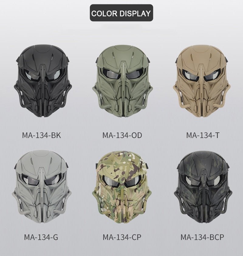 Image displaying six BlasterMaster PREDATOR MASKS in different colors: black (MA-134-BK), green (MA-134-OD), tan (MA-134-T), gray (MA-134-G), camouflage (MA-134-CP), and another camouflage pattern (MA-134-BCP). These masks offer advanced protection with durable construction.