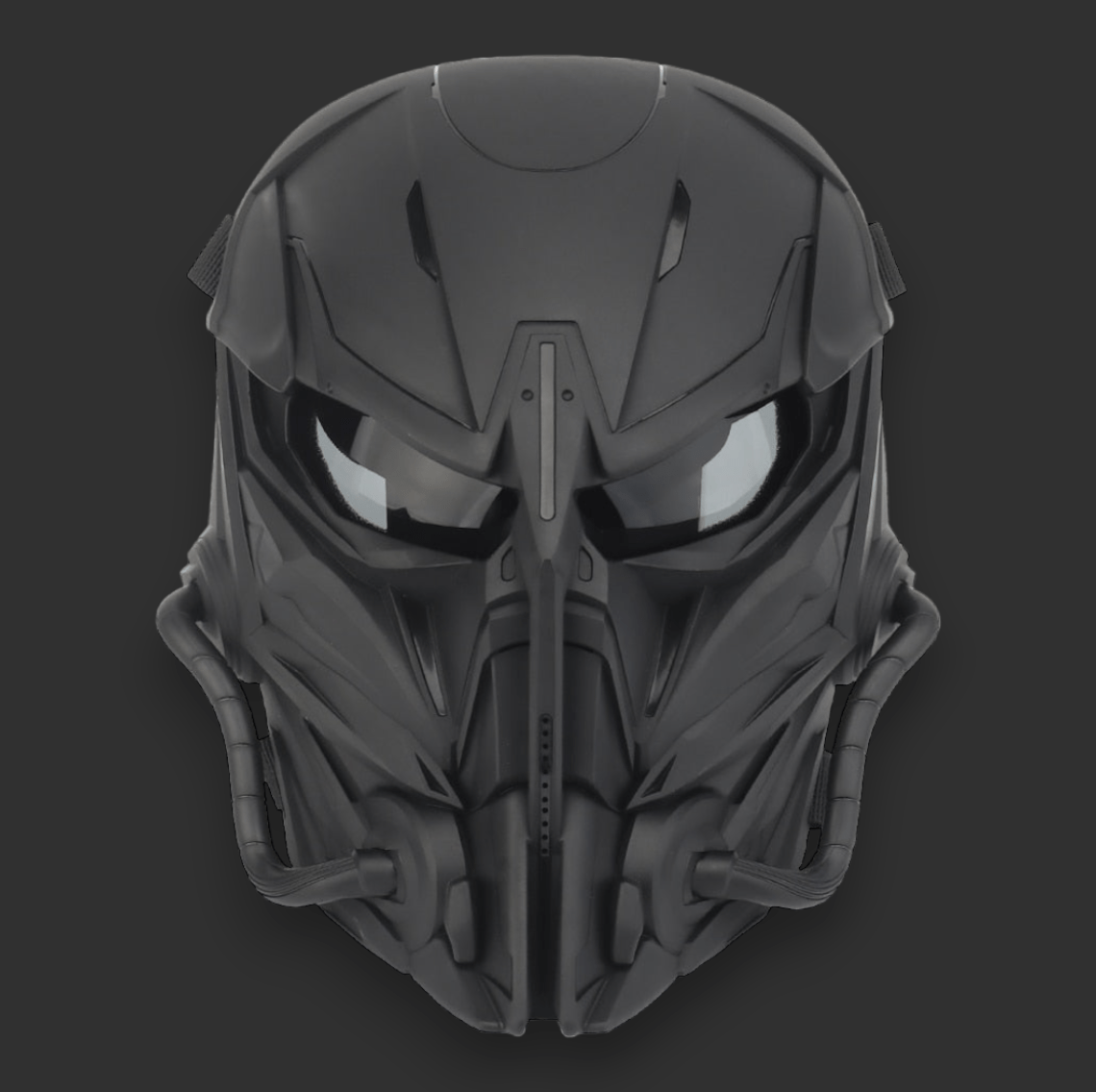 A close-up view of a black, futuristic helmet with angular features and a sleek, intimidating design, showcasing its durable construction and advanced protection—truly embodying the essence of the BlasterMaster PREDATOR MASKS.