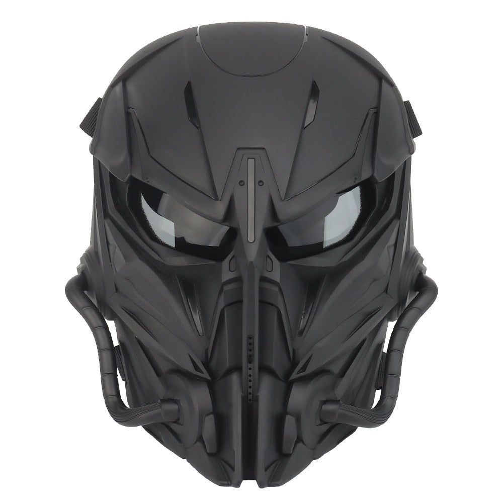 A black, futuristic BlasterMaster PREDATOR MASKS with a sleek design, intricate details, reflective lenses, and durable construction for advanced protection.