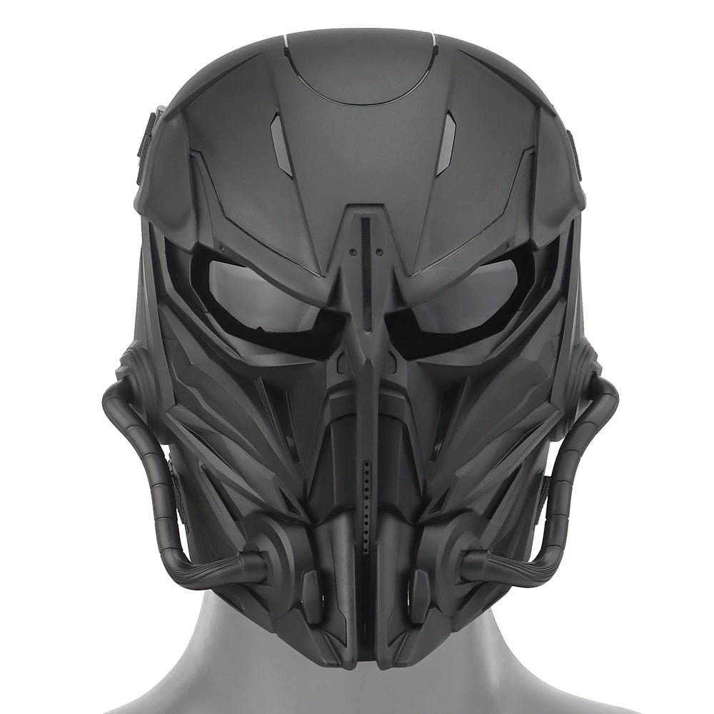 A black, futuristic BlasterMaster PREDATOR MASKS with angular design, enclosed visor, and attached breathing apparatus is displayed on a mannequin head, showcasing its advanced protection and durable construction.