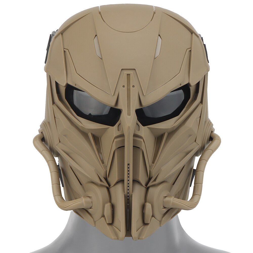 A tan, futuristic BlasterMaster PREDATOR MASKS with dark lenses and intricate mechanical detailing, offering advanced protection and durable construction for a sci-fi or tactical aesthetic.