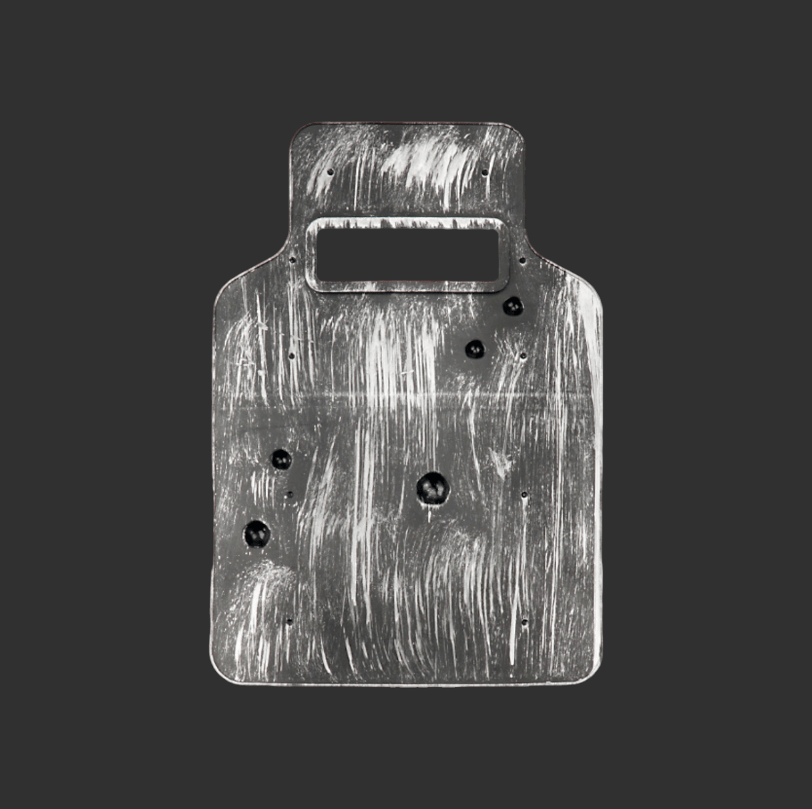 A rectangular, weathered metal Protection Shield with multiple bullet holes, featuring a handle cutout at the top against a black background, showcases its durable construction for multi-scenario use by BlasterMasters.