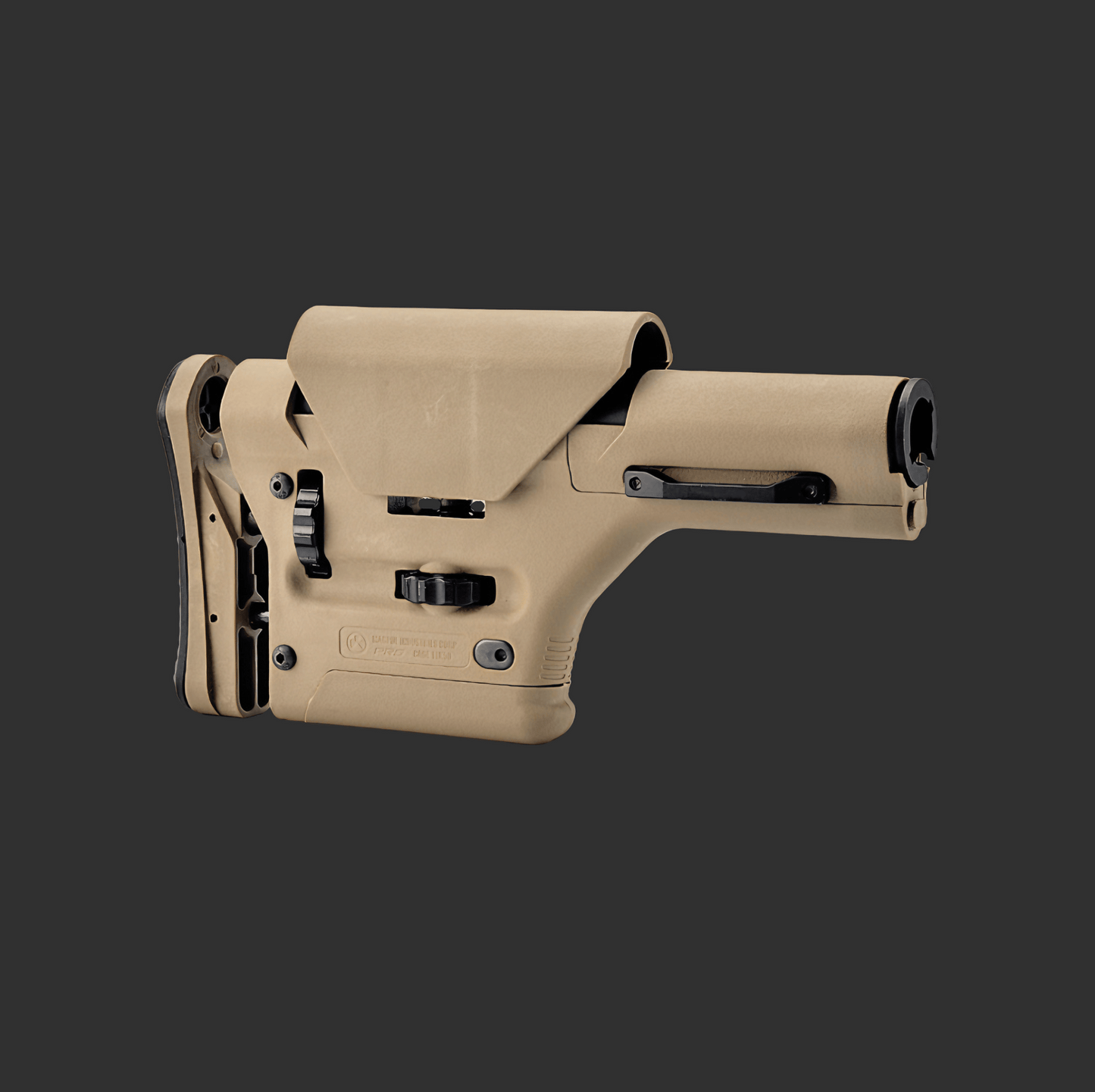 A precision-engineered tan-colored adjustable rifle stock, featuring a BlasterMasters Magpul PRS Metal Buttstock for AR15 and cheek rest, offers multiple adjustments against a plain black background.