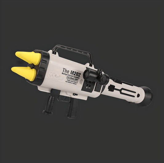 A white plastic toy resembling a tactical RPG Quadruple Blaster - Spring-Loaded Soft Grenade Launcher by BlasterMasters, with a label "The M202" and two yellow foam projectiles at the front, set against a dark background.