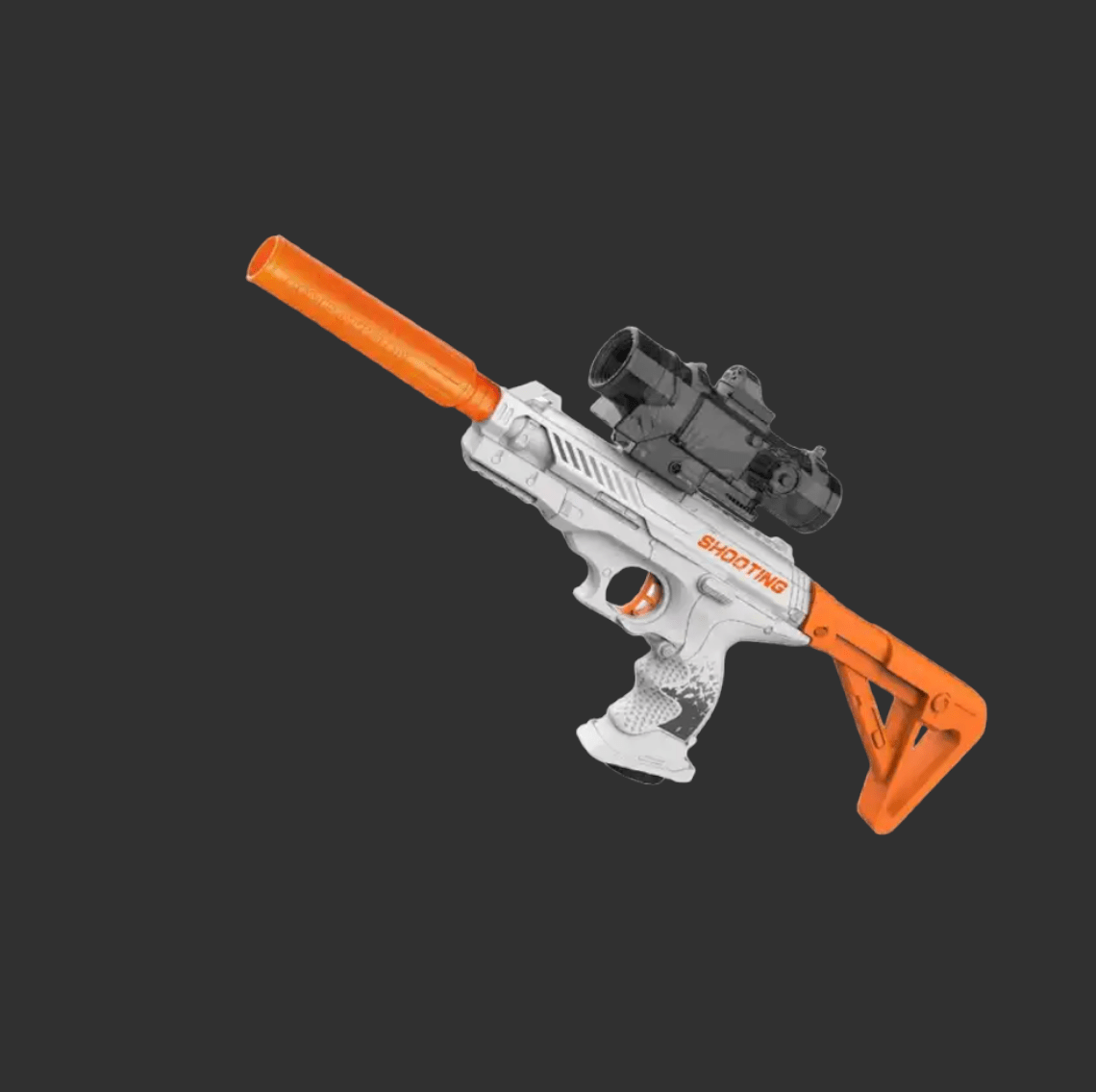 A BlasterMasters Shooting Gel Blaster with a white and orange color scheme, featuring a barrel extension, a rear stock, and a mounted scope for precision shooting, set against a dark background.