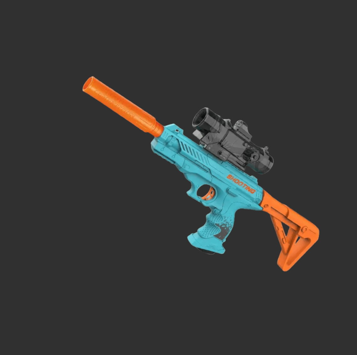 A BlasterMasters Shooting Gel Blaster with a blue and orange body, orange barrel and stock, equipped with a black scope for precision shooting, against a dark background.