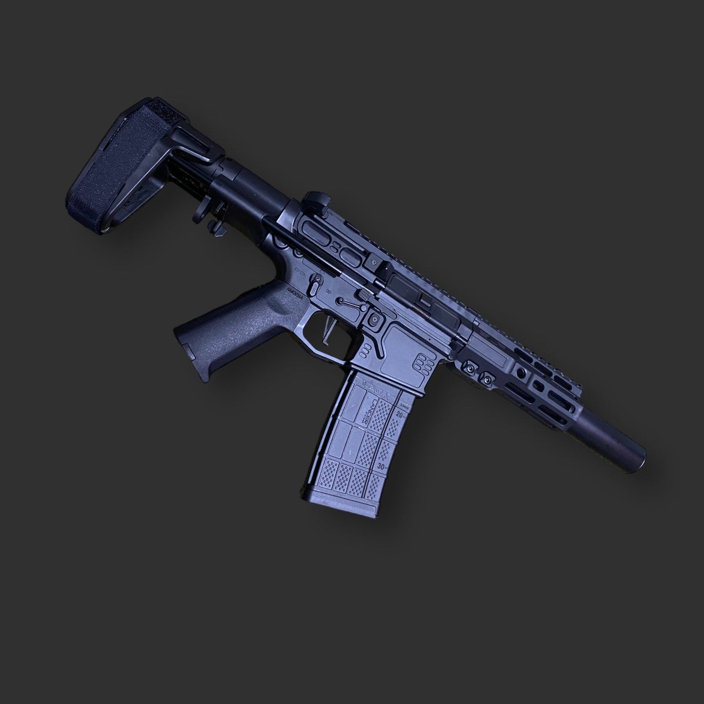 Image of a black Jingli SLR Gen 4 Gel Blaster with an adjustable stock, showcasing tactical flexibility on a dark background.