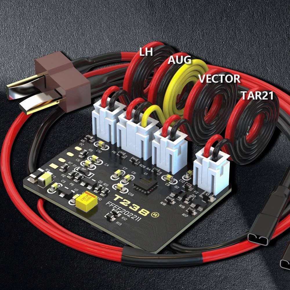 A close-up image of a circuit board connected to multiple colored wires labeled LH, AUG, VECTOR, and TAR21. The board features various electronic components and connectors, including a BlasterMasters T238 Kriss MOSFET ETU Module for enhanced performance and Digital Trigger integration.