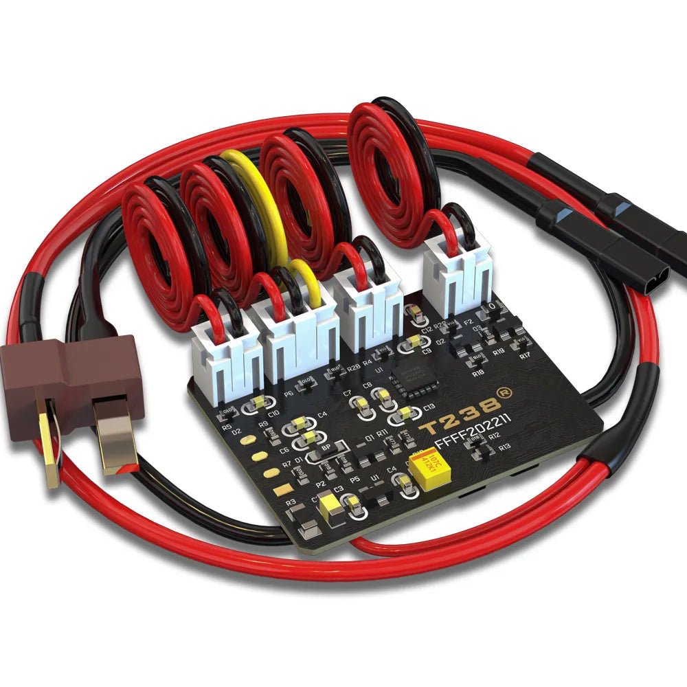 Image showing an electronic kit consisting of a BlasterMasters T238 Kriss MOSFET ETU Module with multiple coils and wires connected to it. The components are neatly arranged, featuring red and black wires. The system includes a digital trigger and low battery voltage protection for optimal performance.