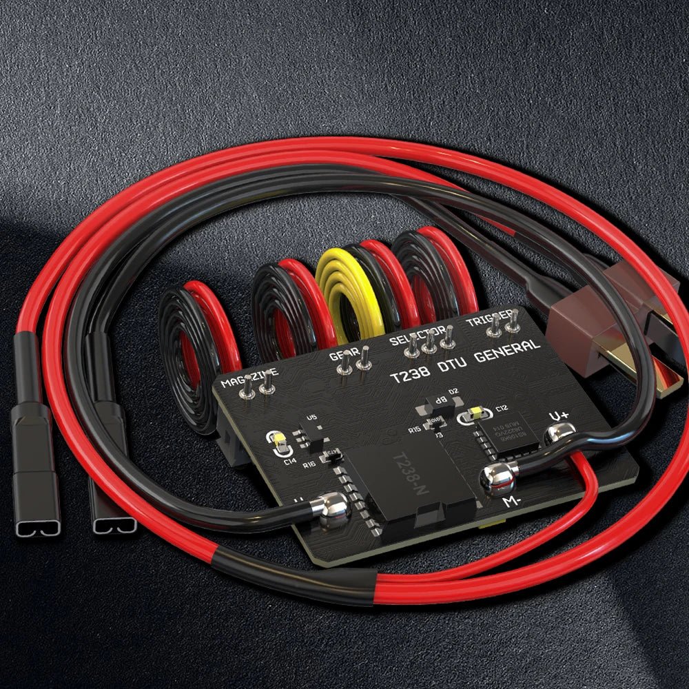 The BlasterMasters T238 Kriss MOSFET ETU Module, with multiple attached red, black, and yellow wires labeled “DTU GENERAL,” is placed on a textured dark surface.