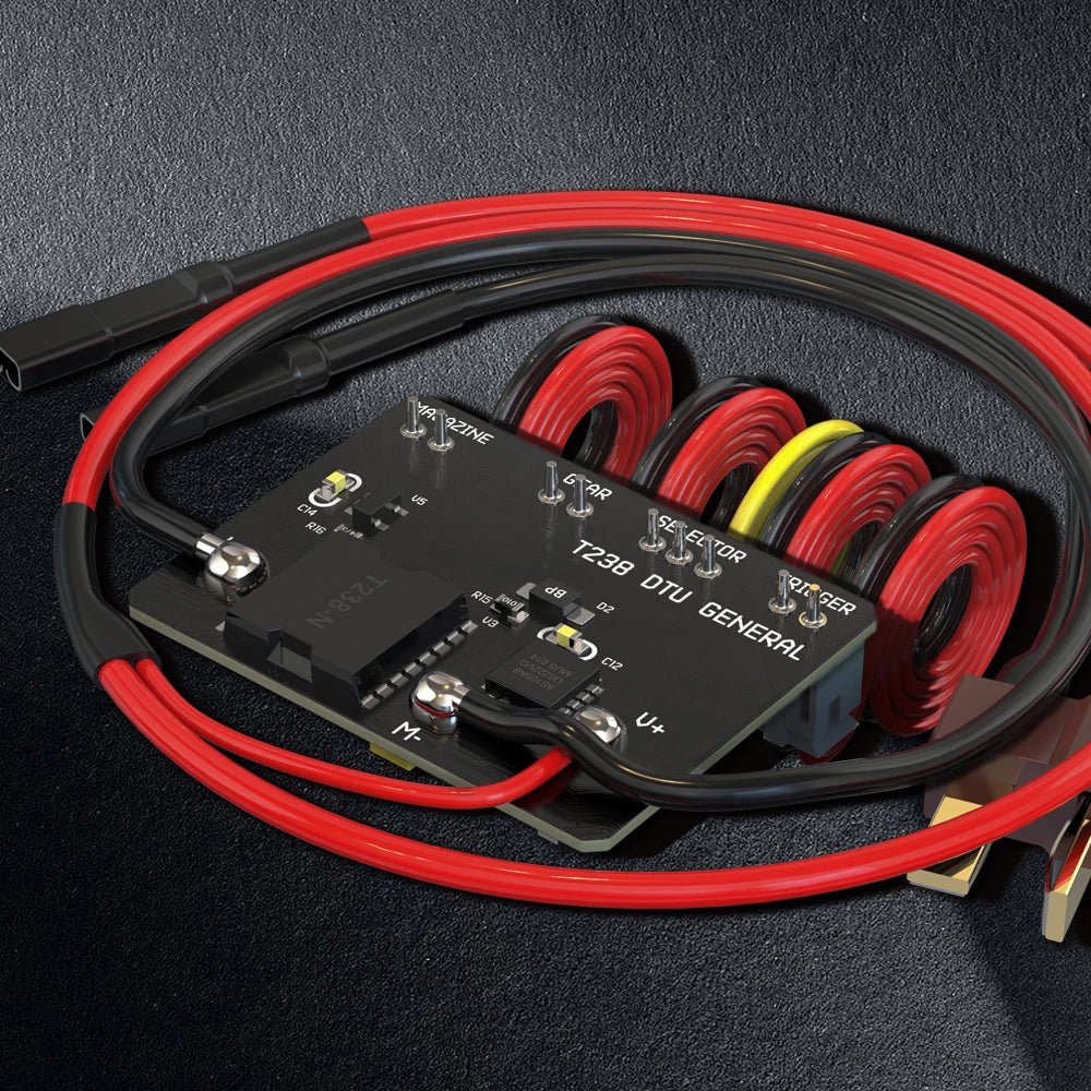 A black circuit board with attached red and yellow coiled wires labeled "T238 Kriss MOSFET ETU Module" from BlasterMasters lies on a dark, textured surface, featuring low battery voltage protection for enhanced performance.