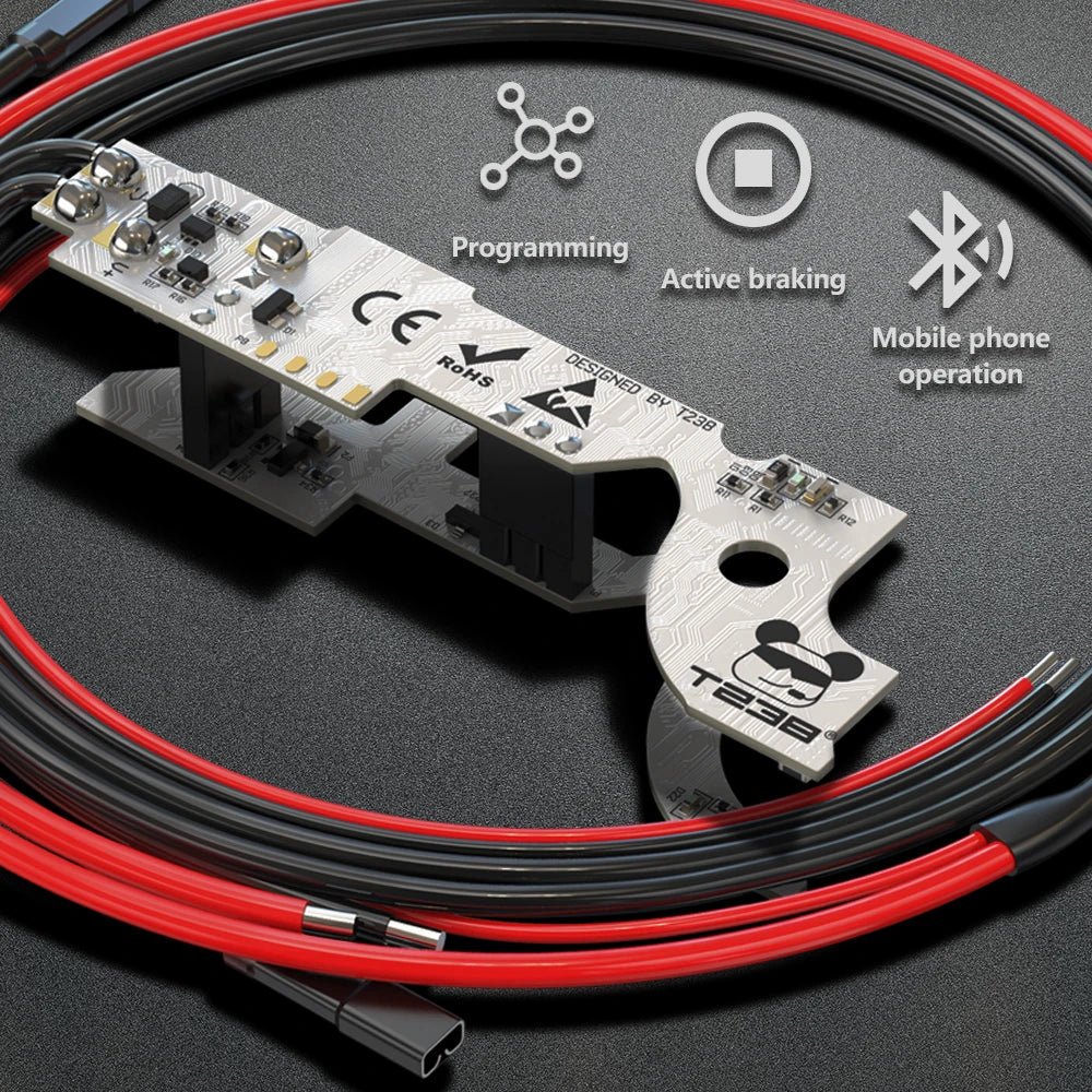 Electronic circuit board with black and red wires on a black surface, featuring icons and text for "Programming," "Active braking," and "Mobile phone operation," perfect for integrating with a BlasterMasters T238 V2.0 Bluetooth Mosfet Optical Sensor APP Control Programmable for Airsoft V3 Gearbox in your gel ball blaster.