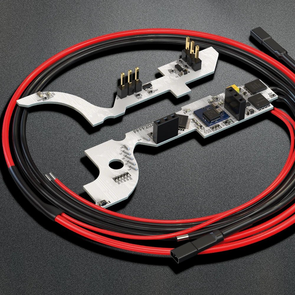 A white circuit board with multiple connectors, the T238 V2.0 Bluetooth Mosfet Optical Sensor APP Control Programmable for Airsoft V3 Gearbox by BlasterMasters, is placed on a dark surface, accompanied by a coiled red and black wire with connectors, reminiscent of components found in an airsoft gearbox.