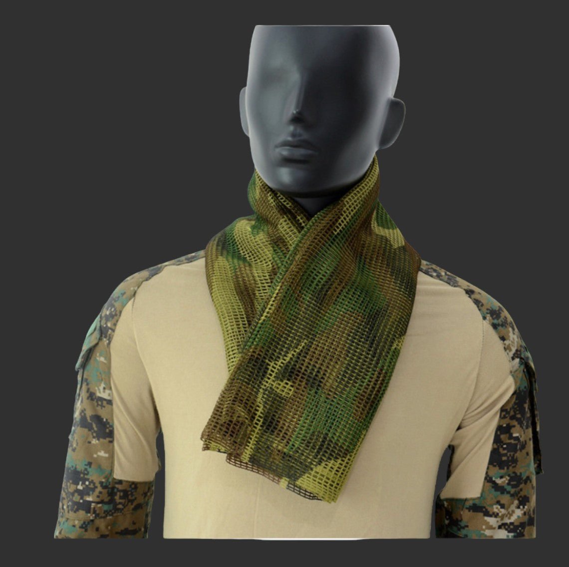 A mannequin dressed in a camouflage shirt and a BlasterMasters Tactical Scarf stands against a dark background, showcasing the gear of a gel blaster enthusiast.