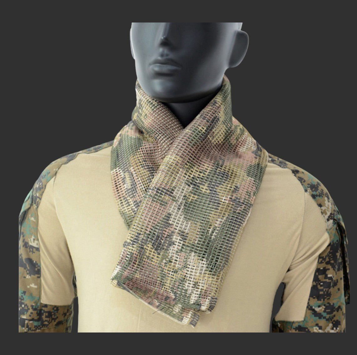 A mannequin dressed in camouflaged military attire with a BlasterMasters Tactical Scarf wrapped around its neck, showcasing a versatile tool perfect for any scenario.