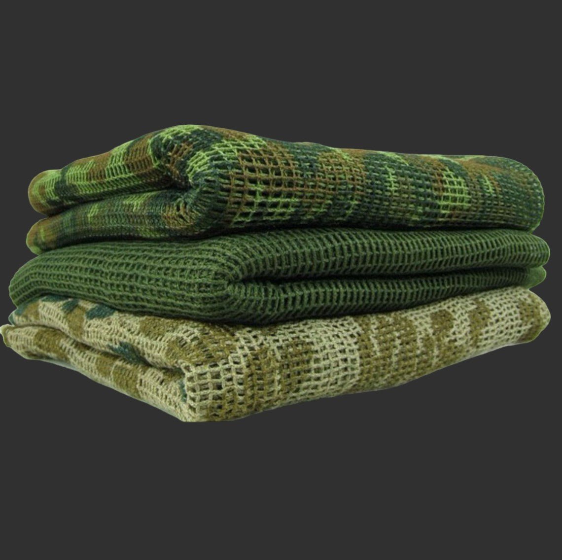 Three folded Tactical Scarves from BlasterMasters in varying shades of green and brown, ideal for use with your gel blaster, are stacked on one another against a dark background.