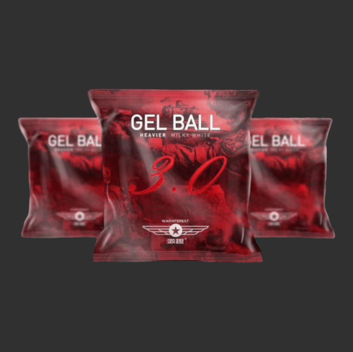 Three packages of Warinterest 3.0 Red Hardened 7mm Gel Balls, marked as "heavier milky-white," are displayed against a dark background. The packaging is predominantly red with white text, specifically catering to gel blaster enthusiasts who prefer 7mm gel balls for optimal performance.