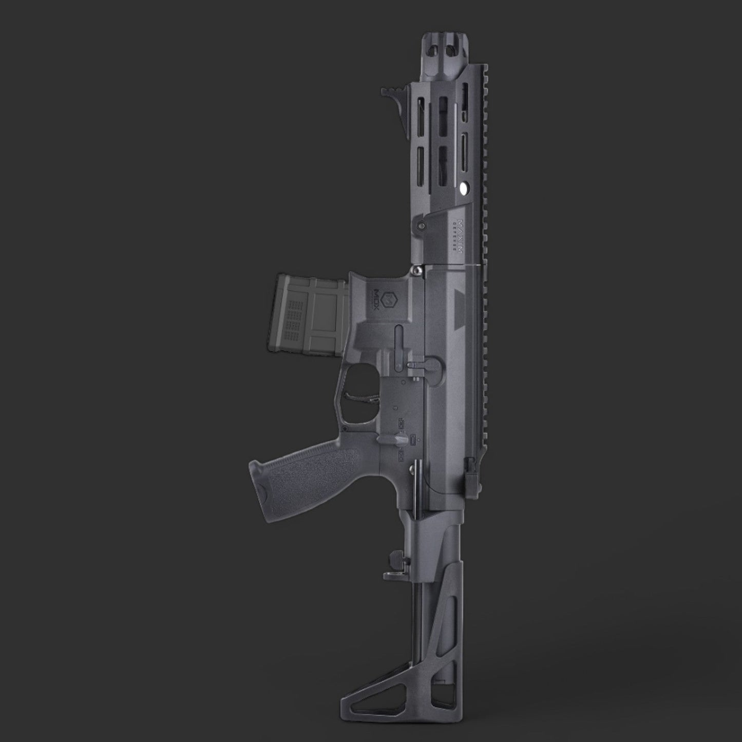 A black semi-automatic rifle with a tactical design, featuring a vertical foregrip and an extended stock, displayed against a dark background, reminiscent of the rugged WD Gel Blaster PDX with its durable metal construction.