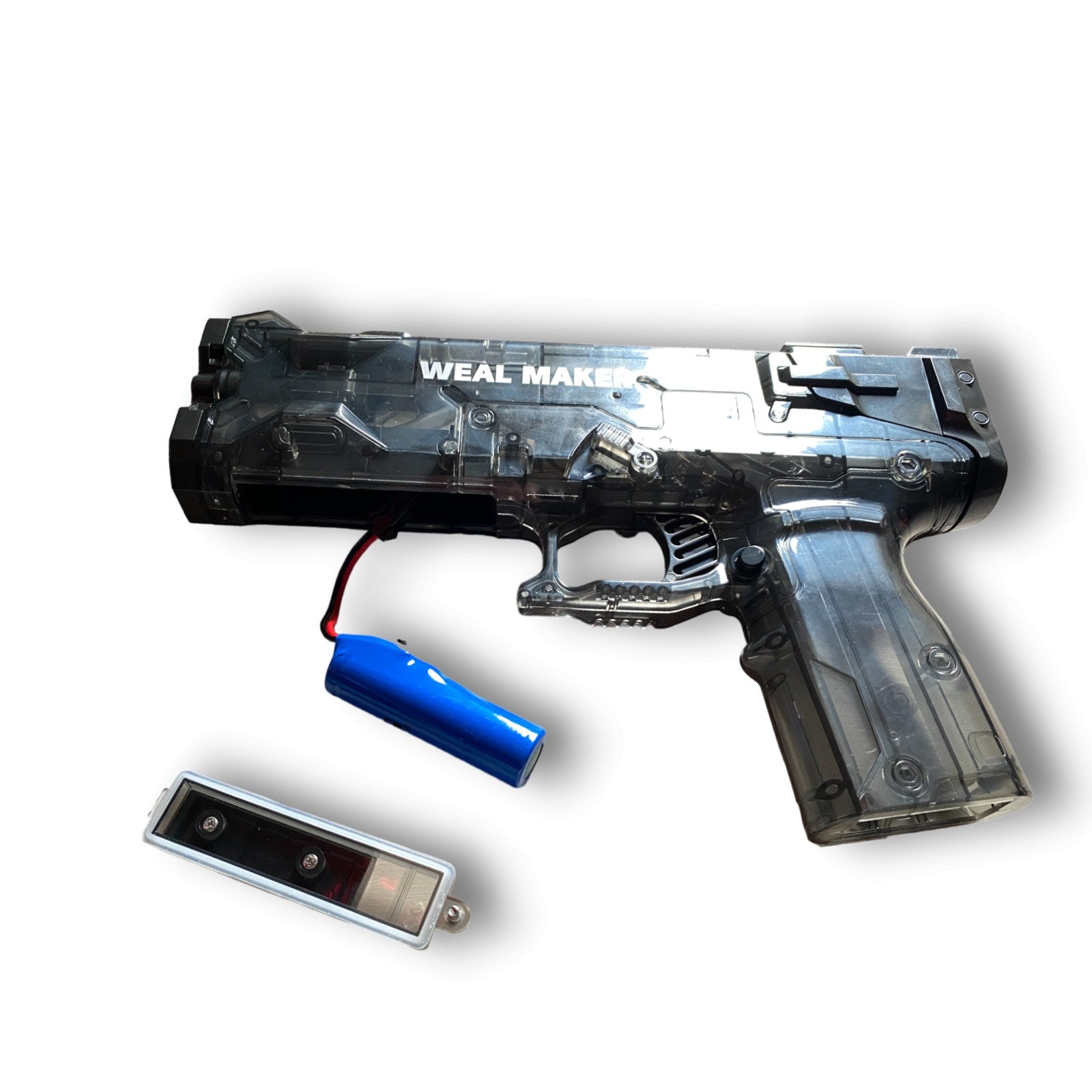 A black plastic toy gun with "WEAL MAKER" written on it, a blue battery, and a small rectangular component detached, all placed on a white background. Perfect for summer fun, this powerful Weal Maker water blaster by Weal Maker promises endless hours of excitement.