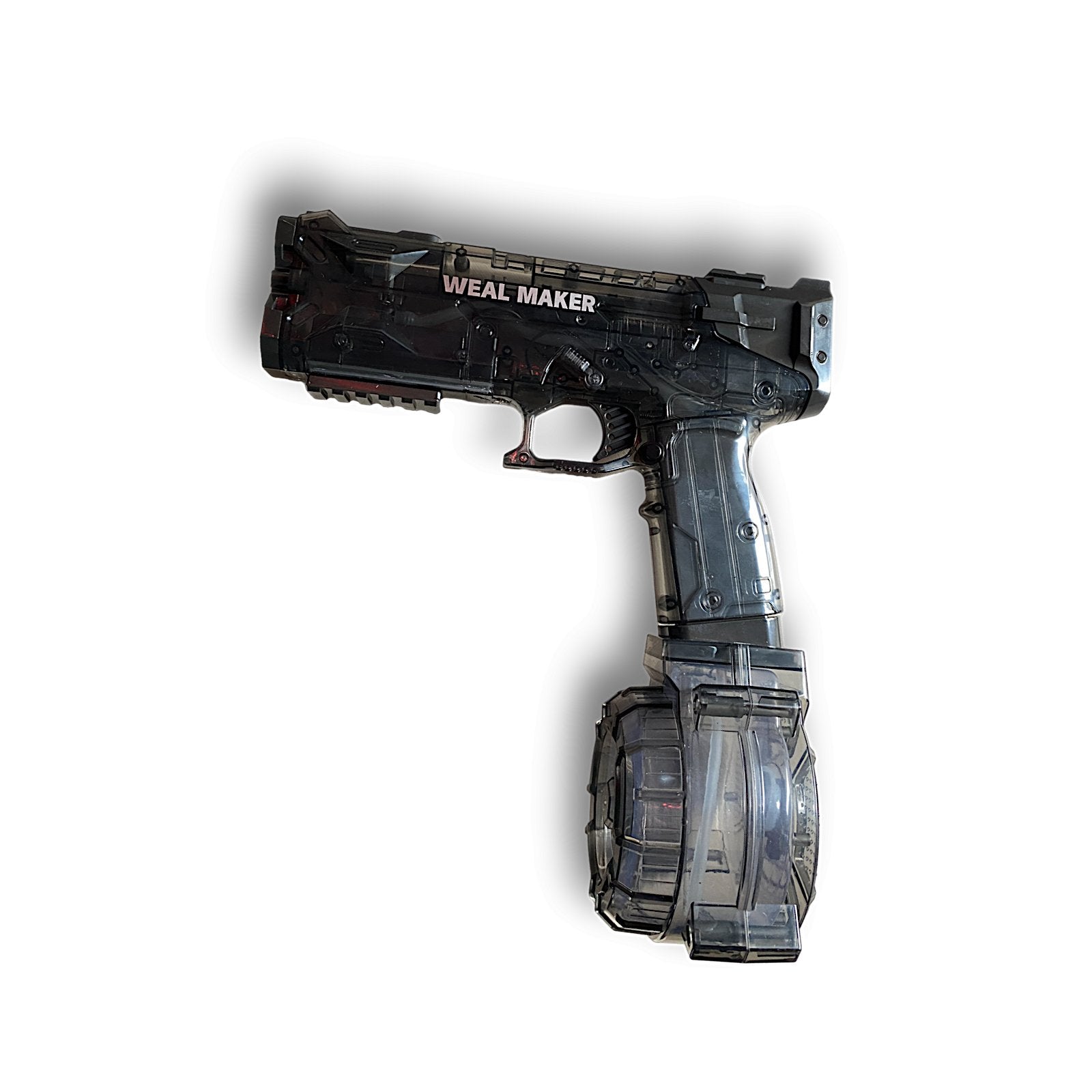 A black and clear plastic toy gun labeled "Weal Maker," equipped with a round magazine, promises summer fun as the powerful Weal Maker water blaster.