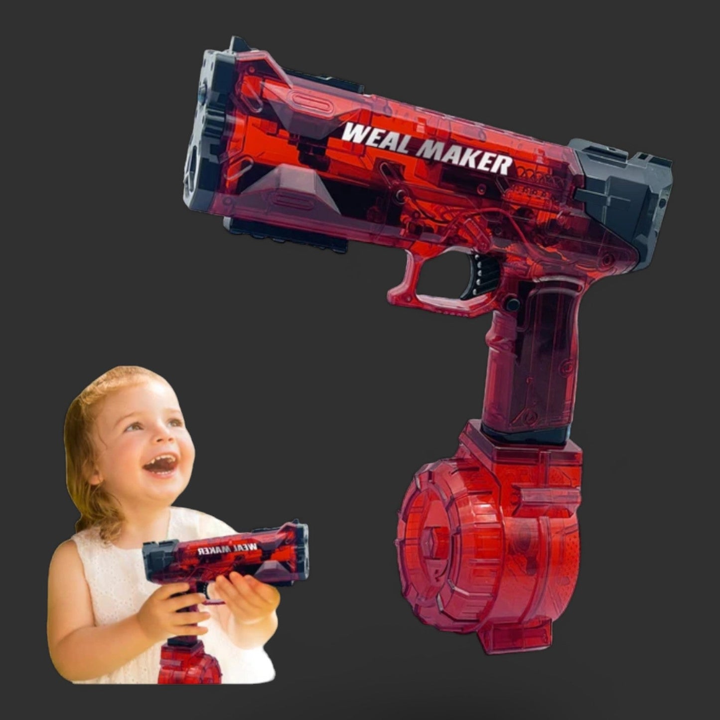 A child holds a transparent red Weal Maker water blaster labeled "Weal Maker" and smiles, ready for some Summer Fun. The electric water pistol features a drum-like attachment at the bottom, ensuring hours of laughter and excitement.