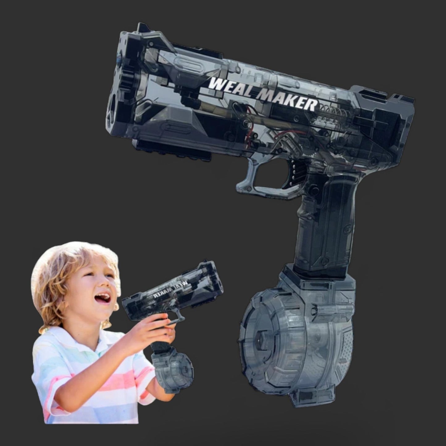 A child in a striped shirt holds a Weal Maker water blaster labeled "Weal Maker" that has a drum magazine attachment. A larger image of the same water gun appears in the background, promising summer fun for all.