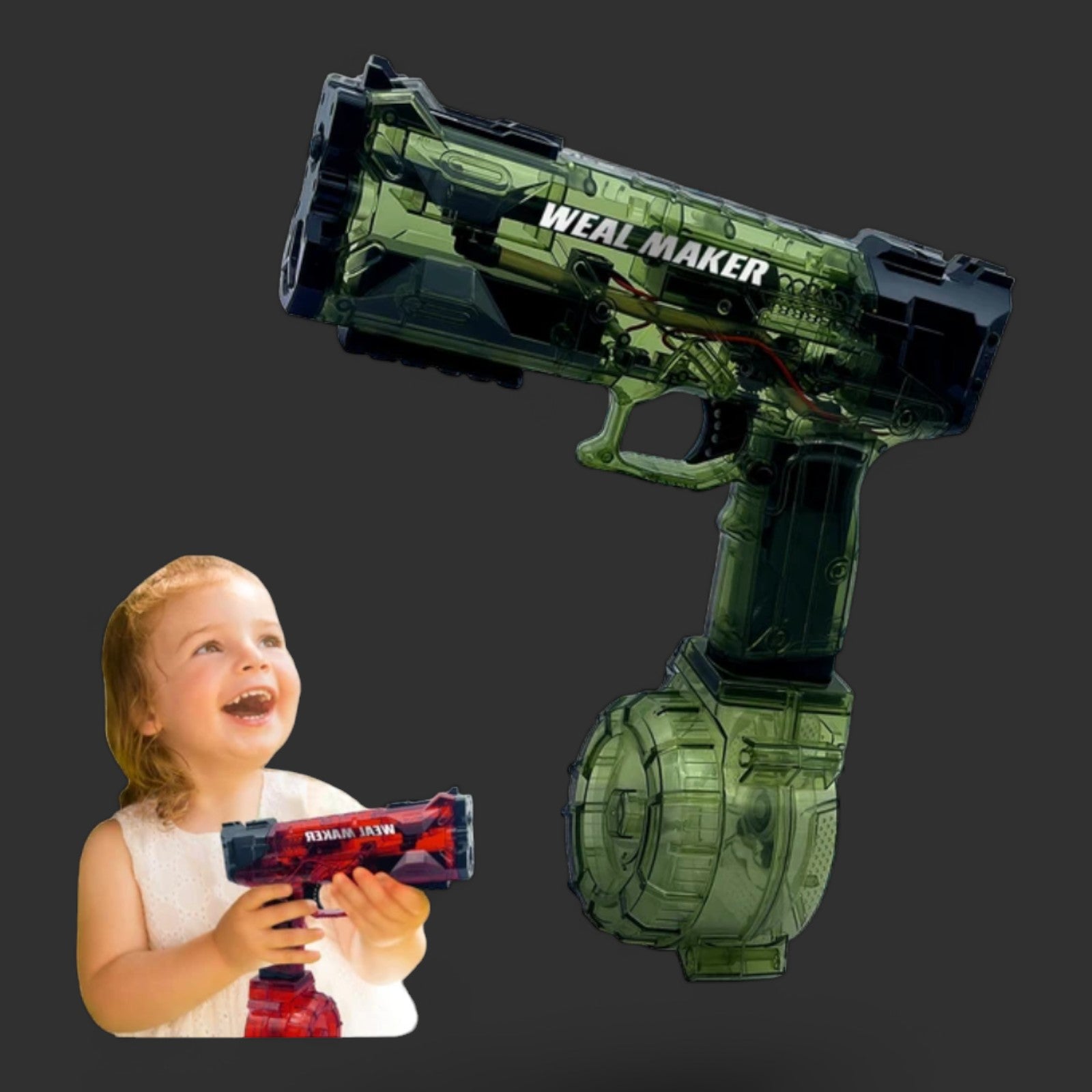 Smiling child holding a red and black toy package, next to a large transparent Weal Maker water blaster labeled "Weal Maker" against a dark background.